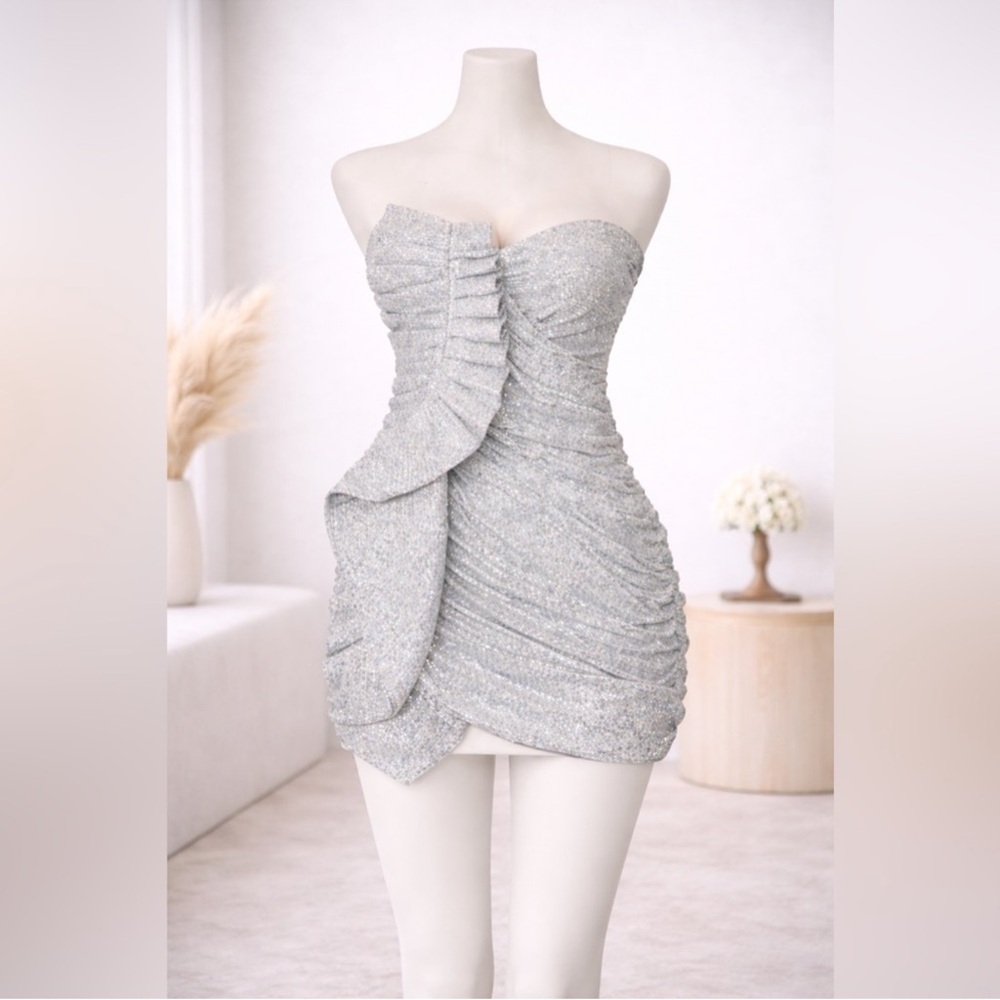 Fashion Nova Strapless Glitter Dress in Silver- Kentucky Derby